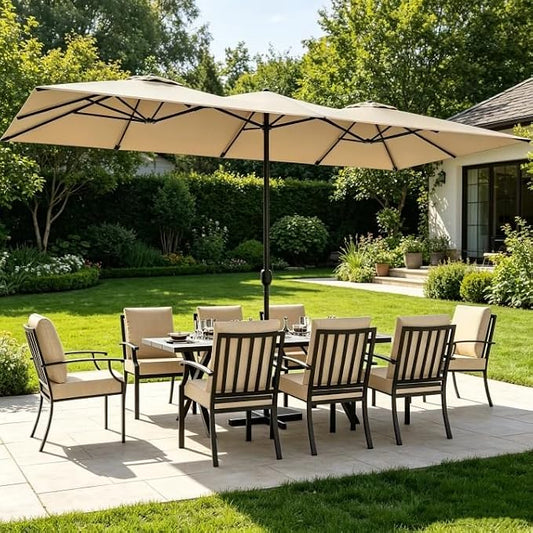 ALAULM 9-Piece Patio Dining Set with 14FT Patio Umbrella,Outdoor Dining Set with 8 Metal Chairs & Rectangle Table with1.5 Umbrella Hole, Patio Dining Table and Chairs for Backyard,Poolsid-Sand