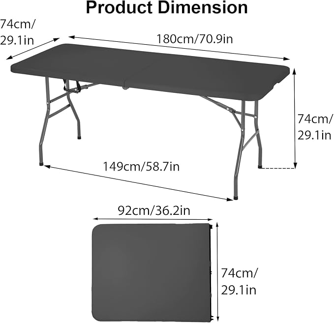 Folding Table 6FT Portable Plastic Camping Table Foldable Table Light Weight Plastic Dining Table Indoor Outdoor for Camping, Picnic BBQ Kitchen Wedding and Party,（Black） 71''L x 29 ''Wx 29''H