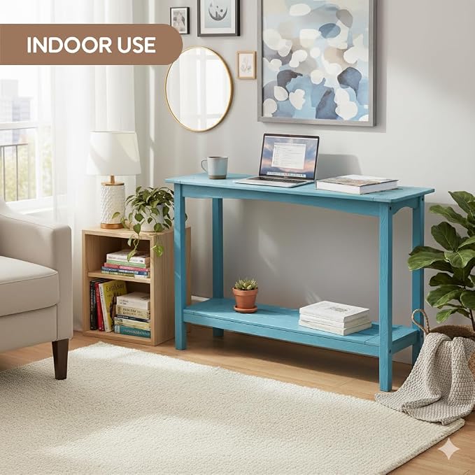Weatherproof HIPS Outdoor Console Table, 48'' 2-Shelf SideTable Indoor/Outdoor Use, Multifunctional Buffet Table Bar Storage Organizer for Entryway,Yard, Outside Plant Stand Table, Blue
