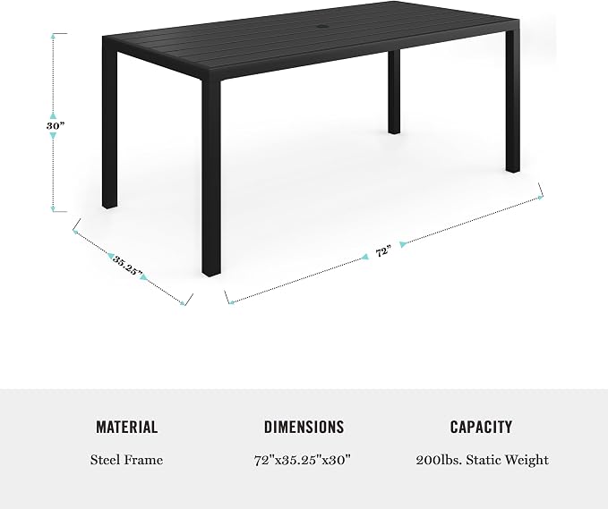 Martha Stewart Lily Pond 72" All-Weather Patio Table with Slatted Tabletop, Umbrella Hole, and Steel Frame in Black