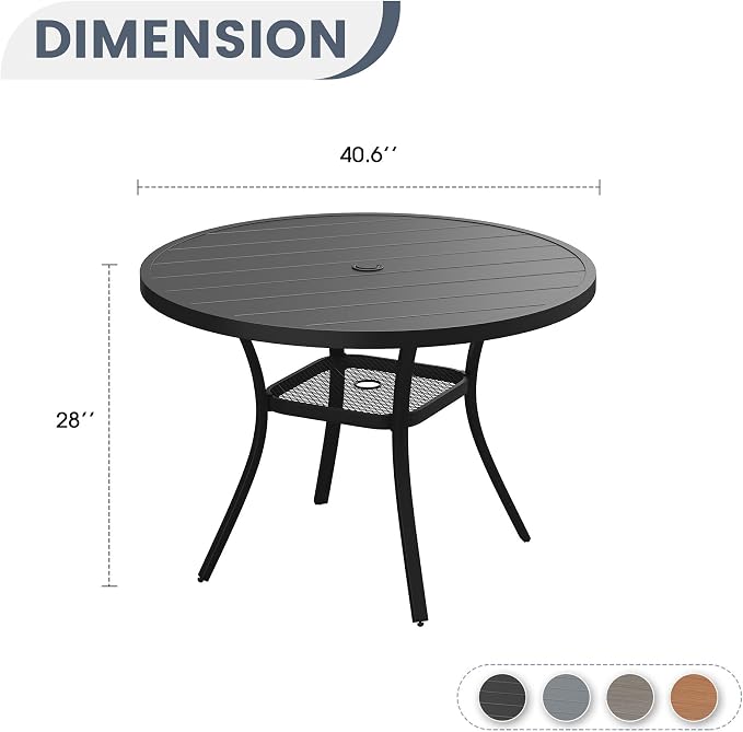VICLLAX 40.6" Round Metal Outdoor Dining Table for 4, Patio Table with Umbrella Hole and Storage Shelf for Garden, Lawn, Deck, Black