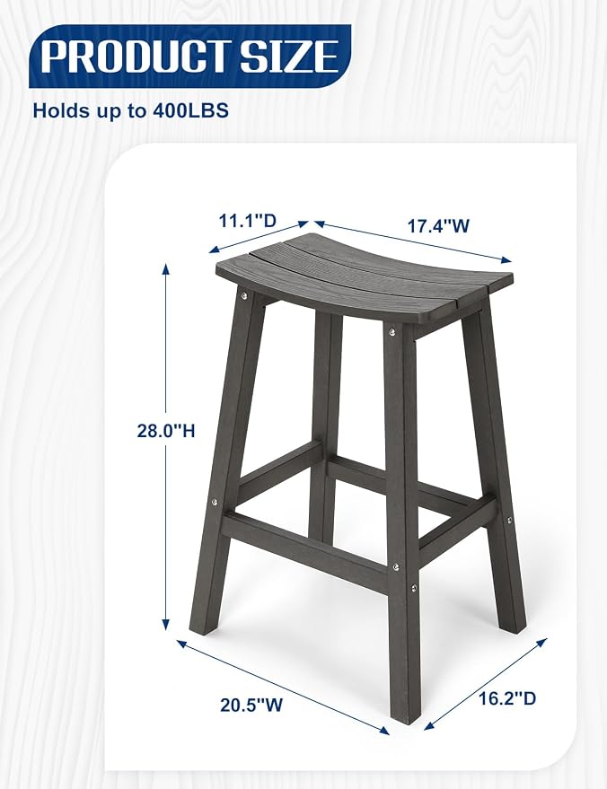 Weatherproof Bar Stools Set of 2, 28" Height Outdoor Bar Stools Holds up to 400 lbs, Saddle Seat, Bar Height Stools for Patio, Garden, and Kitchen Island, Gray