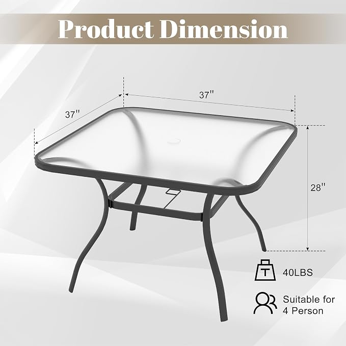 Outdoor Dining Table with Tempered Glass & 1.7" Umbrella Hole, 4 Person Patio Table for Garden Backyard Poolside