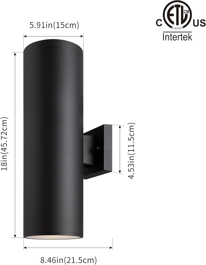 mirrea 18" Modern Outdoor Porch Light in 2 Lights, Matte Black, 4 Pack | Aluminum cylinder exterior fixtures, tempered glass cover, waterproof wall sconce & patio light for outdoor use.