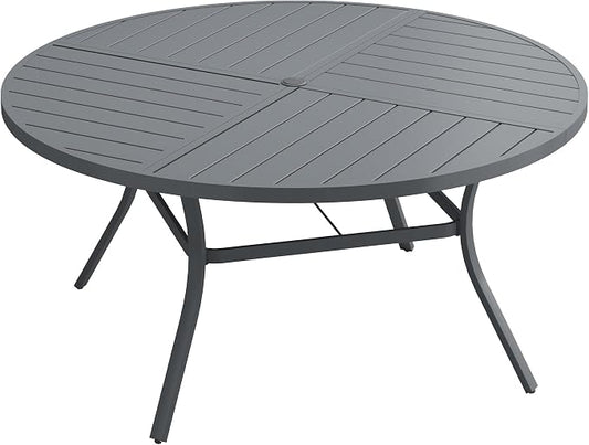DIFY 50" Round Outdoor Patio Dining Table for 6, All-Weather Metal Steel Slatted Patio Table with 1.57" Adjustable Umbrella Hole, for Lawn Garden Porch Backyard, Grey