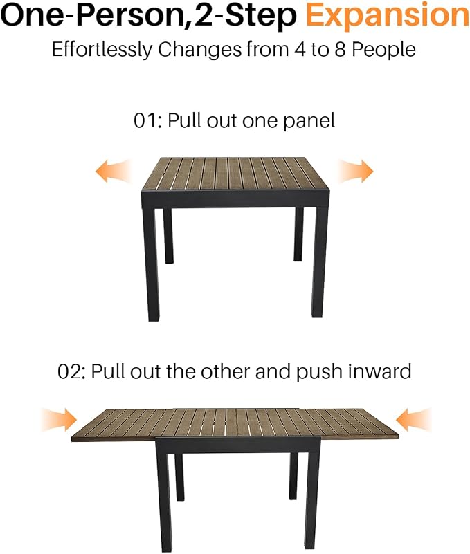 Extendable Outdoor Dining Table for 4-8 Person, Never-Rust Aluminum Expandable Patio Dining Table, 38"-77" Adjustable Square/Rectangle Extendable Patio Table for Garden, Lawn, Deck, Limed Oak
