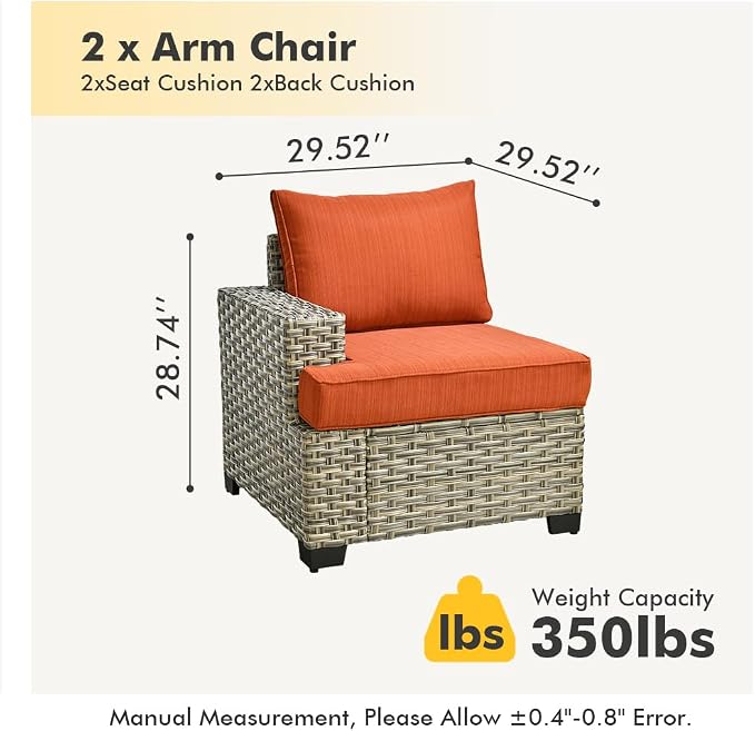 HOOOWOOO Outdoor Sectional Patio Furniture Set,2 Pieces Single Arm Wicker Chairs,Extra Deep Out Door Sofa Outside Furniture,Brick Red