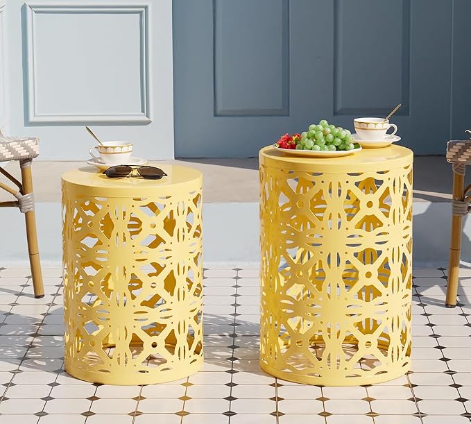 HFHOME Set of 3 Metal Outdoor Side Table, Round Coffee Table for Indoor Outdoor, Heavy Duty End Tables Plant Stand Garden Stool- Yellow