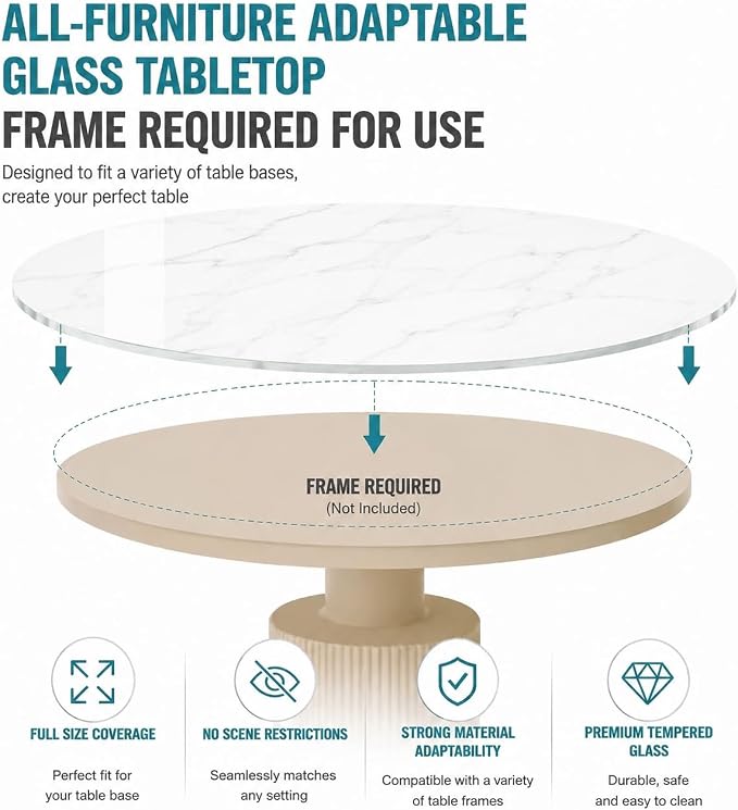 32" Round Tempered Glass Table Top, 5/16" (8mm) Thick, Marble Pattern Replacement, Heavy-Duty, Heat & Scratch Resistant for Coffee, Dining & Patio Tables, White