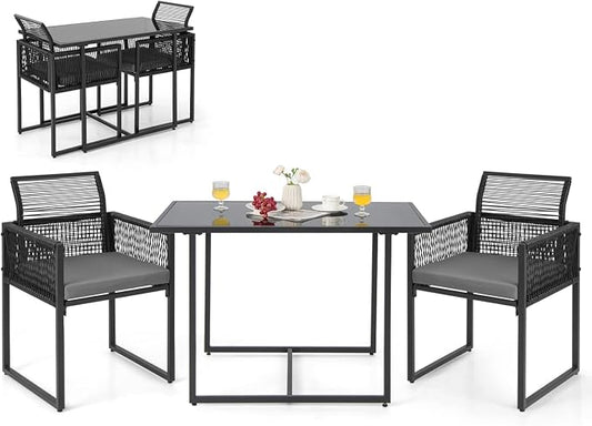 HAPPYGRILL 3 Pieces Outdoor Patio Dining Set, PE Rattan Furniture Set with Cushions, Tempered Glass Tabletop, Space-Saving Rattan Dining Chair Table Set for Backyard Poolside Balcony