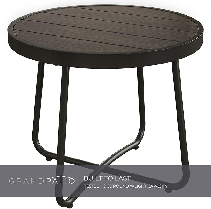 Grand patio 20-in Outdoor Small Side Table, Round Side Table with Imitation Wood Top, Modern Accent End Table for Patio Living Room, Dark Grey