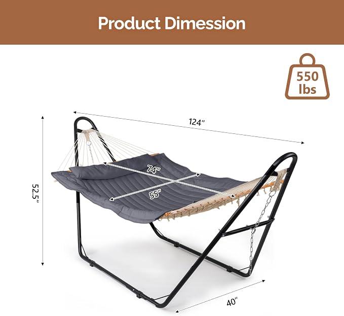 Outdoor Hammock with Stand Set,Double-Barrel Hammocks,Heavy Duty Adjustable Hammock Set,Hammocks Swing Chair Stand,with Soft Pillow,for Outside, Patio, Yard, Garden, Backyard, Camping (Gray)