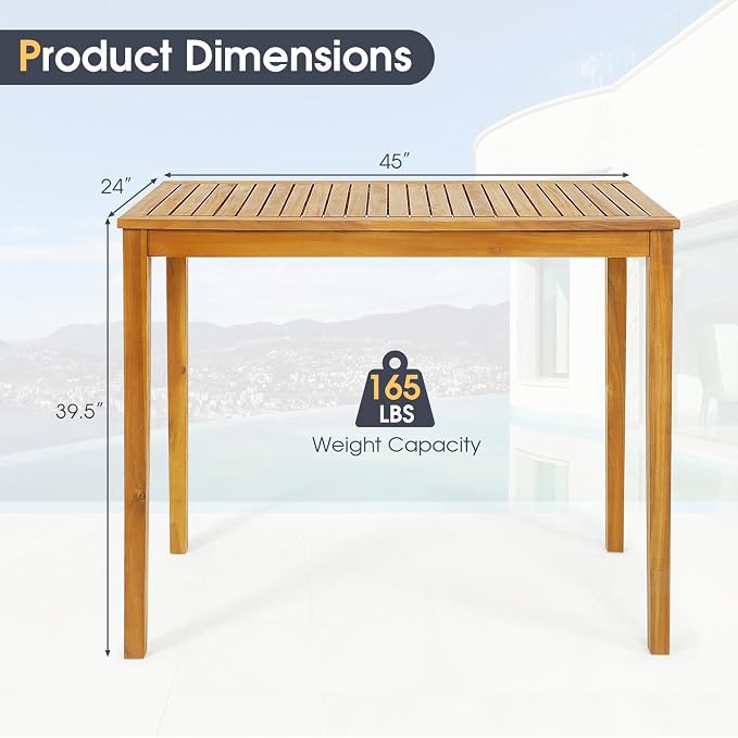 HAPPYGRILL Outdoor Acacia Wood Bar Table, 45” Rectangular Bar Height Dining Table with Slatted Tabletop, Farmhouse Rustic Wood Bar Table for Patio Porch Garden Deck