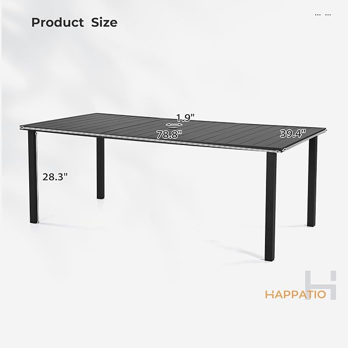 HAPPATIO Outdoor Dining Table for 8, Large Rectangular Aluminum Patio Table with 1.9" Umbrella Hole, Black, Modern Style