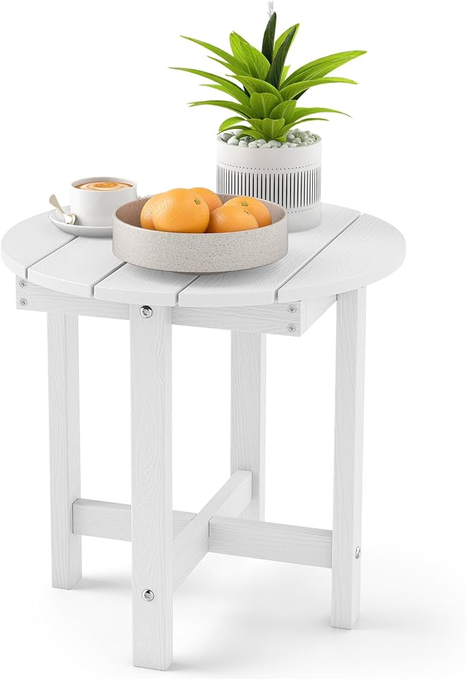 Tangkula Round Outdoor Side Table, Adirondack Side Table with Weather-Resistant, Waterproof Top, Small Outside End Table for Patio Deck Pool Porch, Easy Maintenance (White,1)