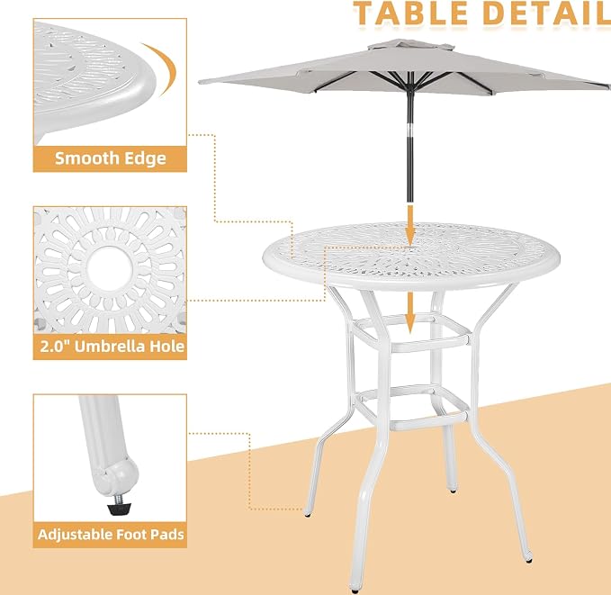 Cast Aluminum Patio Bar Table, 35.4" Outdoor Bar Height Bistro Table with 2" Umbrella Hole, Patio Bistro Round High Top Dining Table Pub Table for Porch Balcony Backyard, White