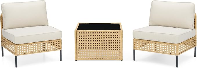 Belord Patio Conversation Sets 3-Piece, Boho Outdoor Furniture with Waterproof Cushions & Table, Wicker Patio Furniture for Porch, Balcony