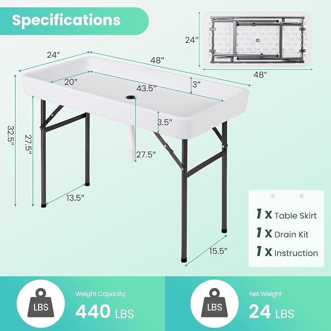 LDAILY Cooler Table, Outdoor Beverage Ice Tables for Parties with Drain, 3” Deep Sink, Removable Matching Skirt, Portable Folding Fish Cleaning Table for Camping, Picnic, Wedding, BBQ, Buffet (White)