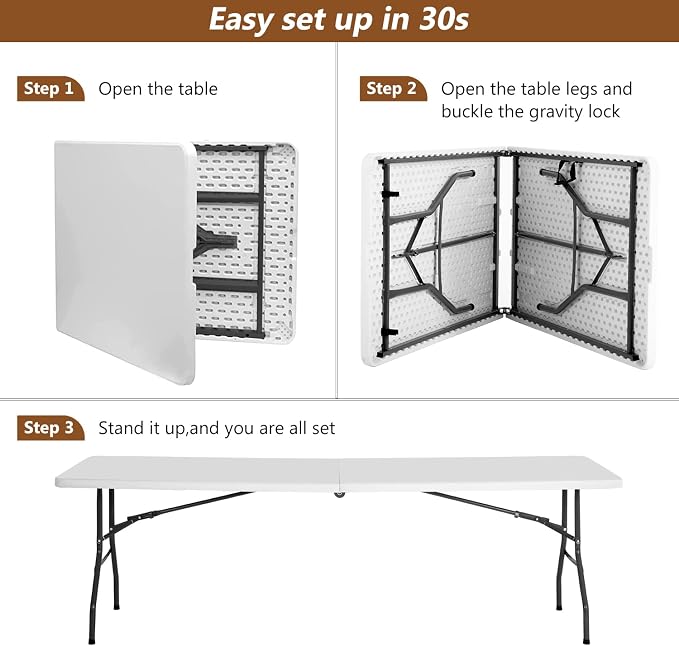 8FT Folding Table, Heavy Duty Foldable Dining Table, Portable Plastic Picnic Table with Handle, Indoor Outdoor Camping Table, Fold-in-Half Rectangular Banquet Party Table – White