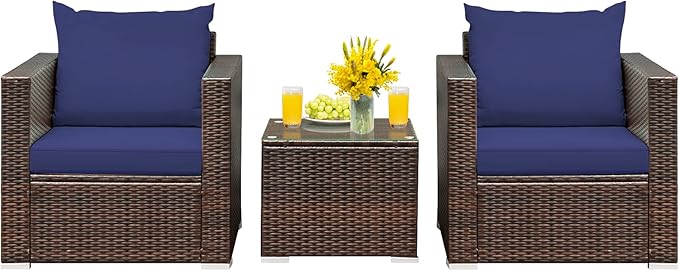 Patio Conversation Set Outdoor, 3-Piece Rattan Wicker Furniture Set with Water-Resistant Cushion & Tempered Glass Tabletop, Patio Furniture Set for Balcony, Porch, Poolside (Navy-Blue)