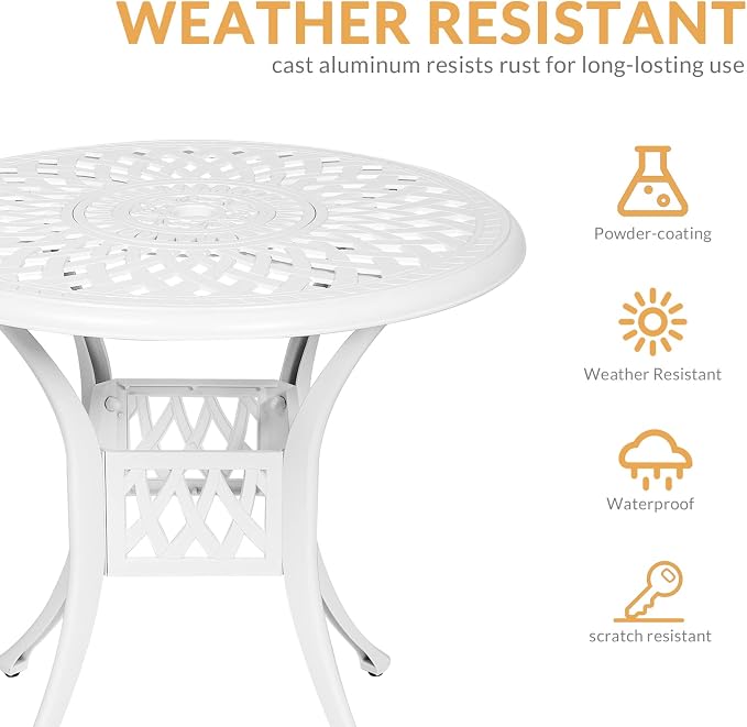 Outdoor Cast Aluminum Patio Table, 31” Round Bistro Table with 2” Umbrella Hole for Patio Furniture Garden Deck Backyard, White