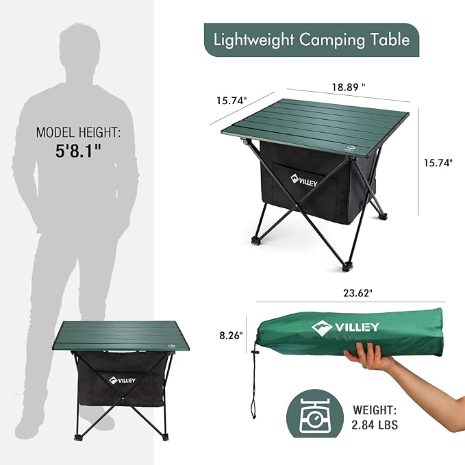 VILLEY Portable Camping Side Table, Ultralight Aluminum Folding Beach Table with Carry Bag and Under-Table Storage Hammock for Outdoor Cooking, Picnic, Camp, Boat, Travel, Medium