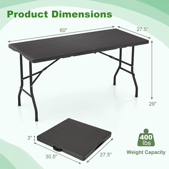 Goplus 5ft Folding Table, Indoor Outdoor Foldable Plastic Folding Tables, Heavy-Duty Rectangular Fold Up Table w/Handle, Portable Utility Card Table for Picnic, Party, Dining, Camping, Beach, Black