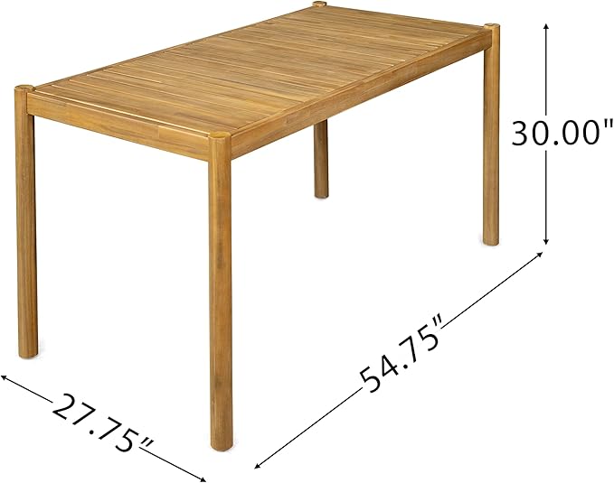 Christopher Knight Home Flemis Patio Rectangular Acacia Wood Dining Table, Slat Panel Design, for 4-6 People, Outdoor Table for Dining Set, Non-Slip Foot Pads, Garden and Balcony, Light Teak