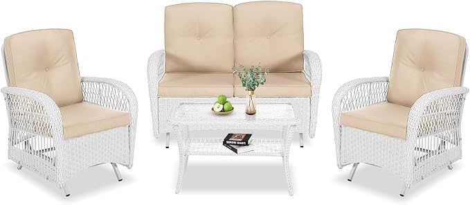 VIVIJASON 4-Piece Outdoor Patio White Wicker Conversation Sets, All Weather Rattan Furniture Set Includes Glider Loveseat, Coffee Table, 2 Glider Rocker Chairs w/Cushion for Lawn Balcony, Beige