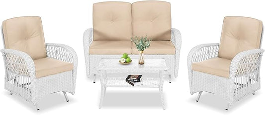 VIVIJASON 4-Piece Outdoor Patio White Wicker Conversation Sets, All Weather Rattan Furniture Set Includes Glider Loveseat, Coffee Table, 2 Glider Rocker Chairs w/Cushion for Lawn Balcony, Beige