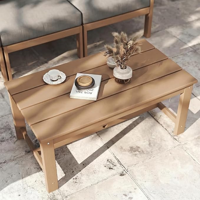 37.6 Inch HDPE Patio Coffee Table, Weather-Resistant Outdoor Coffee Table Easy Assembly for Lawn, Garden, Balcony, Deck, Backysrd (Teak Frame)