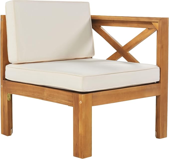 Acacia Wood 5-Piece Patio Sectional Sofa Set, All-Weather Outdoor Conversation Set, Corner Design Patio Set with Coffee Table and Updated Cushions for Backyard Porch Courtyard Poolside (Natural+Beige)