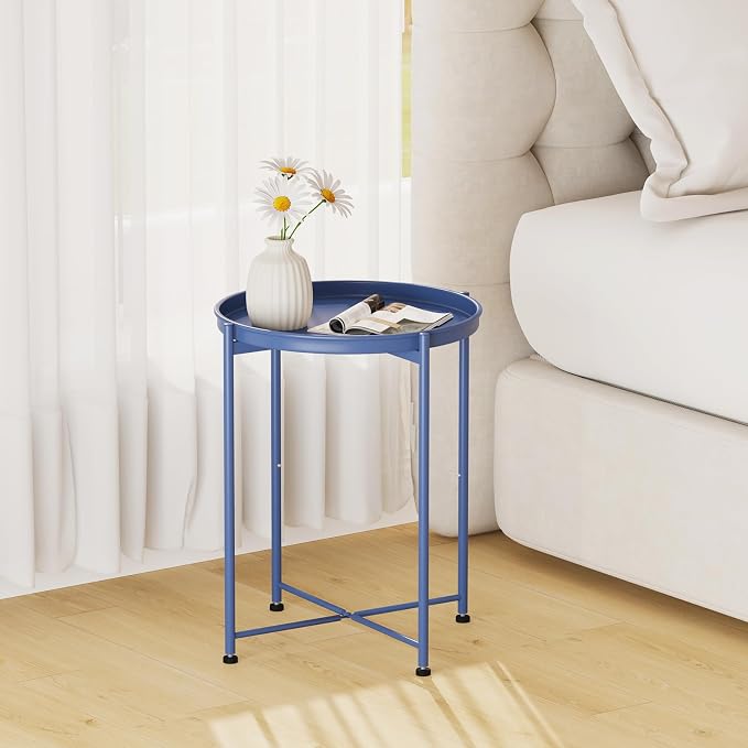 Garden 4 you Small Side Table, Blue Mini Round End Table, Tray Table with Metal Frame, Modern Nightstand for Living Room, Bedroom, Patio, Small Space, 1pcs