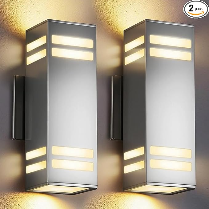 SHIMR Dusk to Dawn Outdoor Lighting, Stainless Steel Modern Sconce, 2 Pack | Brushed Nickel Finish, Up and Down, E26 Base, Bulbs Include, Exterior Light Fixture for Porch Garage Patio