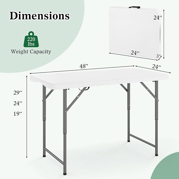 Goplus 4 FT Portable Camping Table, Adjustable Fold-in-Half Table with HDPE Tabletop & Metal Legs, Patio Folding Dining Table with Safety Lock & Carrying Handle for Party, Picnic & Fishing