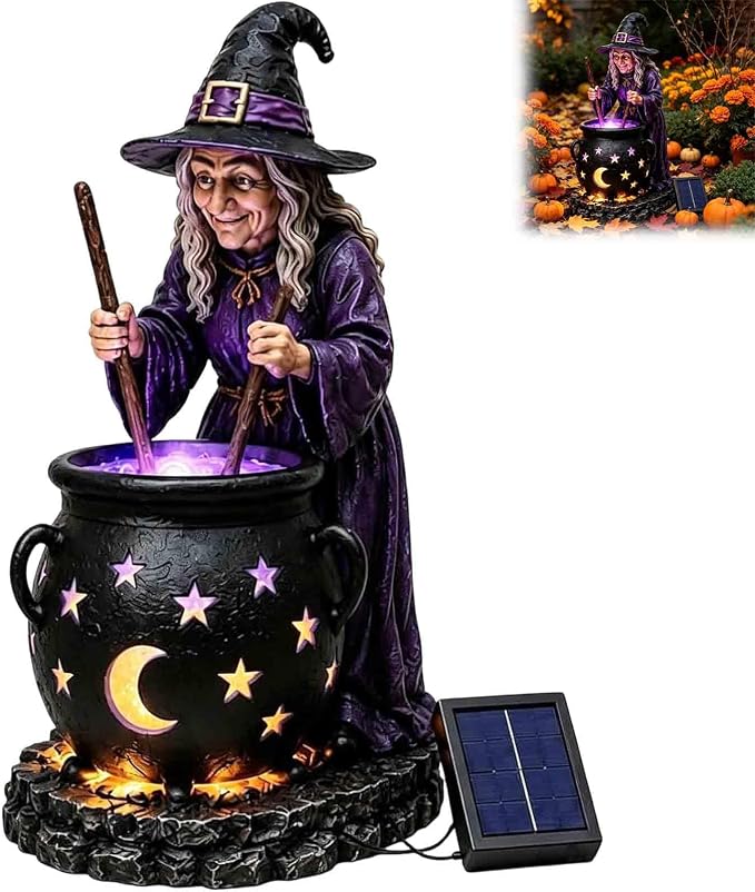 Solar Witch & Glowing Cauldron Halloween Garden Light ，1pc | Solar-powered Halloween Solar Light with glowing cauldron, automatic dusk lighting for garden, porch and pathway décor.