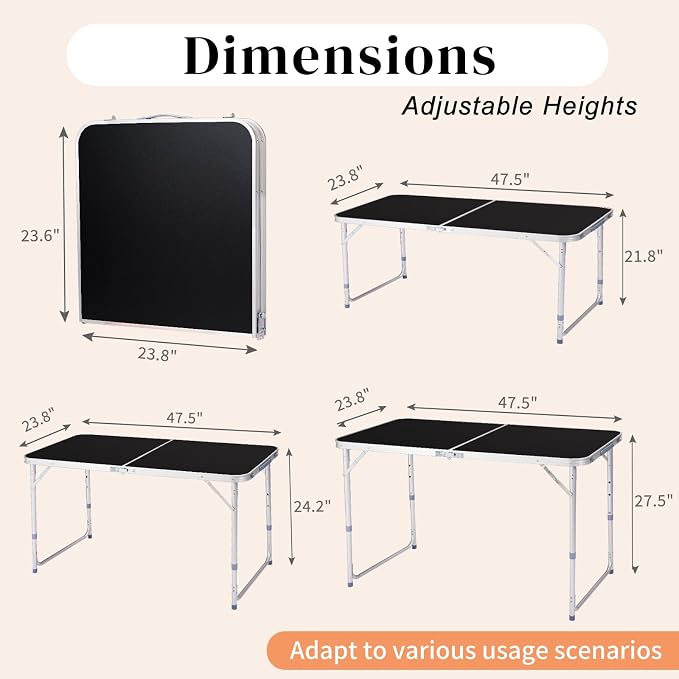 4Ft Folding Table, Portable Aluminum Camping Table with Adjustable Height, Lightweight Foldable Camp Table for Outdoor Picnic BBQ Beach, Black