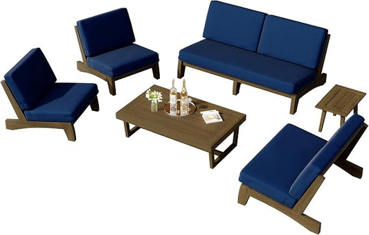 6 Piece Wood Outdoor Patio Frutnire Set, 7 Seater Patio Conversation Sets with Thick Cushions, Outdoor Sectional Furniture with Coffee Table - Navy Blue