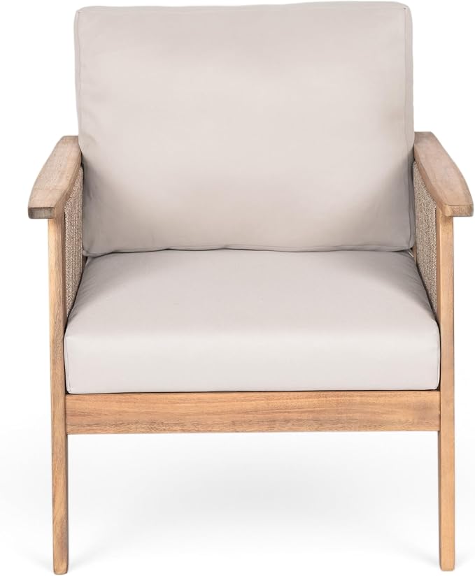 Christopher Knight Home Lorna 4-Seater Patio Furniture Set with Removable Cushion, 4 Piece Outdoor Acacia Wood Conversation Set, Sold Wood Outdoor Sectional Sofa Set with Coffee Table, Teak+Beige