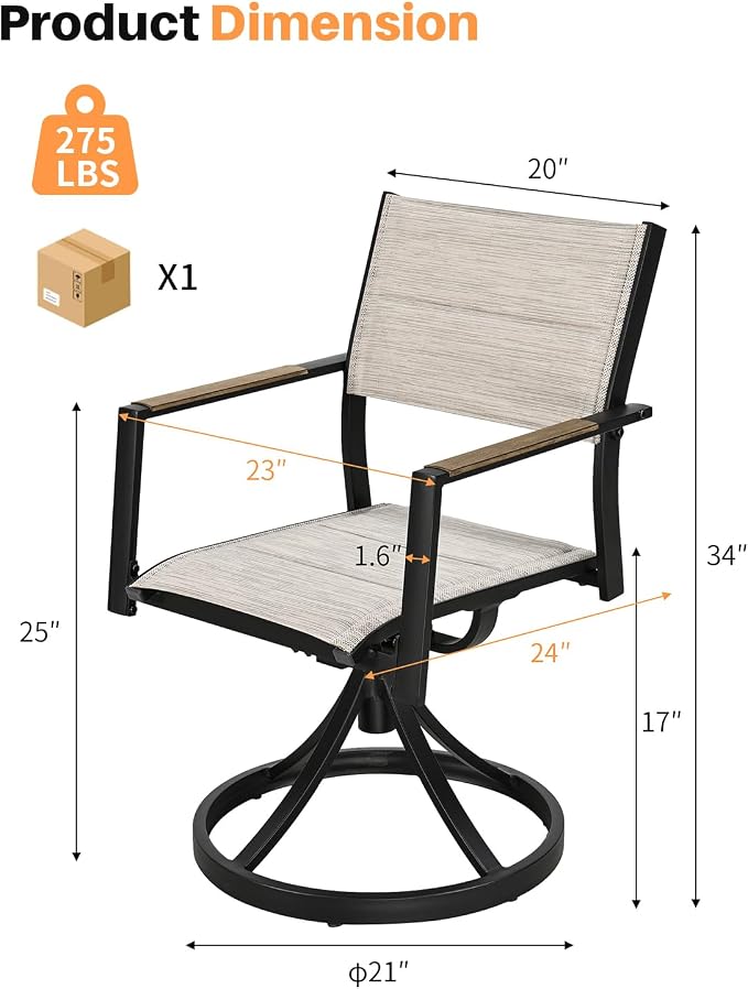 Swivel Patio Chairs Set Set of 2, Never-Rust Aluminum Outdoor Dining Chairs, Patio Swivel Dining Chairs with Upgraded 3D Double-Layer Textilene, Outdoor Swivel Chairs for Deck, Garden, Teak