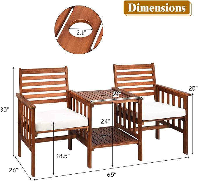 Tangkula Acacia Wood Loveseat, 3pcs Outdoor Table Chairs Set, Patio Conversation Set w/Coffee Table and Soft Cushions, 2.1-inch Umbrella Hole, 2-Seater Furniture Set (White)