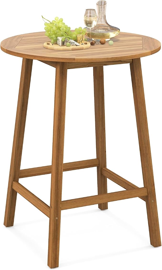 Tangkula 31.5” Acacia Wood Patio Bar Table, Round Bistro Table with Umbrella Hole, Outdoor Dining Table for Garden, Backyard, Poolside