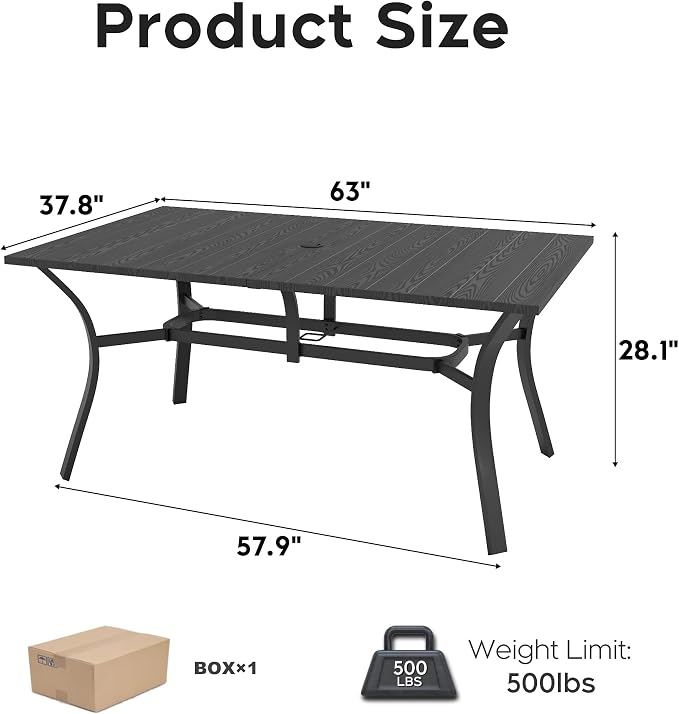 Patio Outdoor Dining Table, Wood-Grain Patio Table with Umbrella Hole, All-Weather Metal Dining Table for Party, Lawn & Garden (63“ x 37.8”) Black