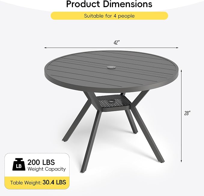 Betterhood 42” Outdoor Patio Table, Metal Patio Dining Table for All Weather, Round Outdoor Coffee Table, Patio Table with Adjustable Umbrella Hole or Garden, Backyard and Porch