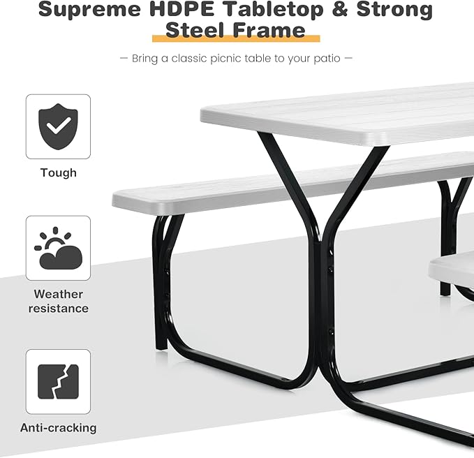 LDAILY Picnic Tables, Rectangular Picnic Table with Steel Frame, 2 Benches Set, HDPE Tabletop, Plastic Picnic Table for Outdoor, Camping, Patio, Lawn, Yard, Picnic Parties (White)