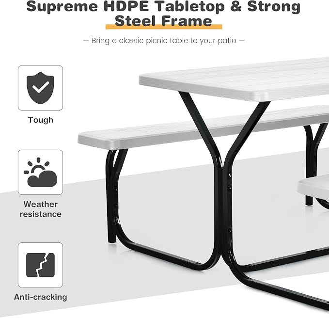 Moccha Picnic Table Bench Set - Portable Plastic Picnic Table w/Steel Frame & Wood-Like Texture, All Weather Heavy Duty Picnic Table Kit, Picnic Tables for Outdoors Garden Patio Party Dining (White)