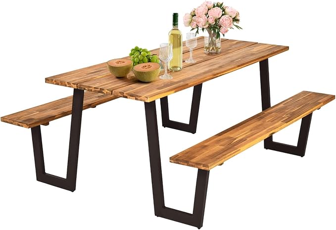 HAPPYGRILL Outdoor Picnic Table Bench Set with Wood Top & Steel Frame, Patio Dining Picnic Table Set with Umbrella Hole for Garden Backyard, Patented
