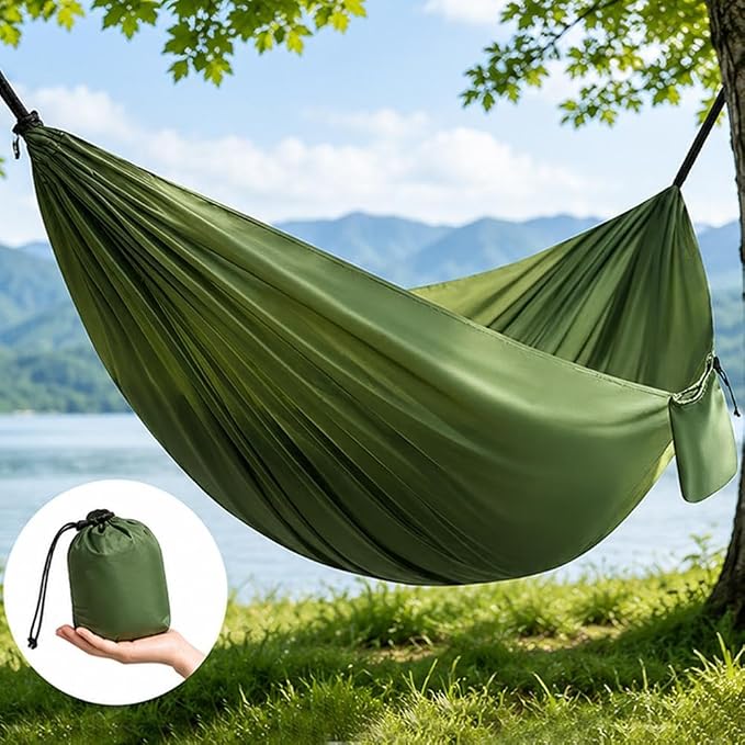 Camping Hammock Lightweight Portable Double Swing with 2 Tree Straps, Heavy Duty Parachute Nylon Bed for Backpacking Hiking Beach, Outdoor Essentials for Backyard Patio Camping Gear (Black)