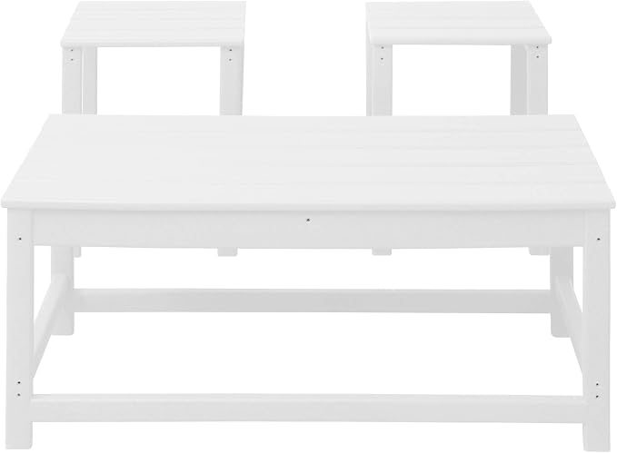 WO Home Furniture HDPE 2pcs Side and 1pc Coffee Table for Adirondack Chair, Weather and UV Resistant for Outdoor, Patio, Backyard, Porch, Garden, White