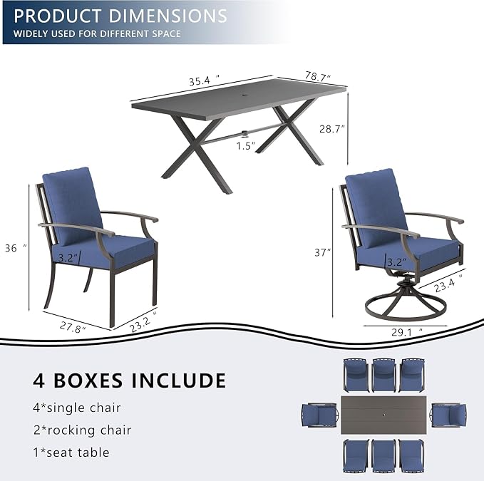 7 Piece Outdoor Dining Set for 6, Metal Patio Table and Chairs with Cushions, Patio Furniture Set with 2 Swivel Chairs, Rectangular Patio Dining Table with Umbrella Hole, Lawn Deck, Yard, Navy